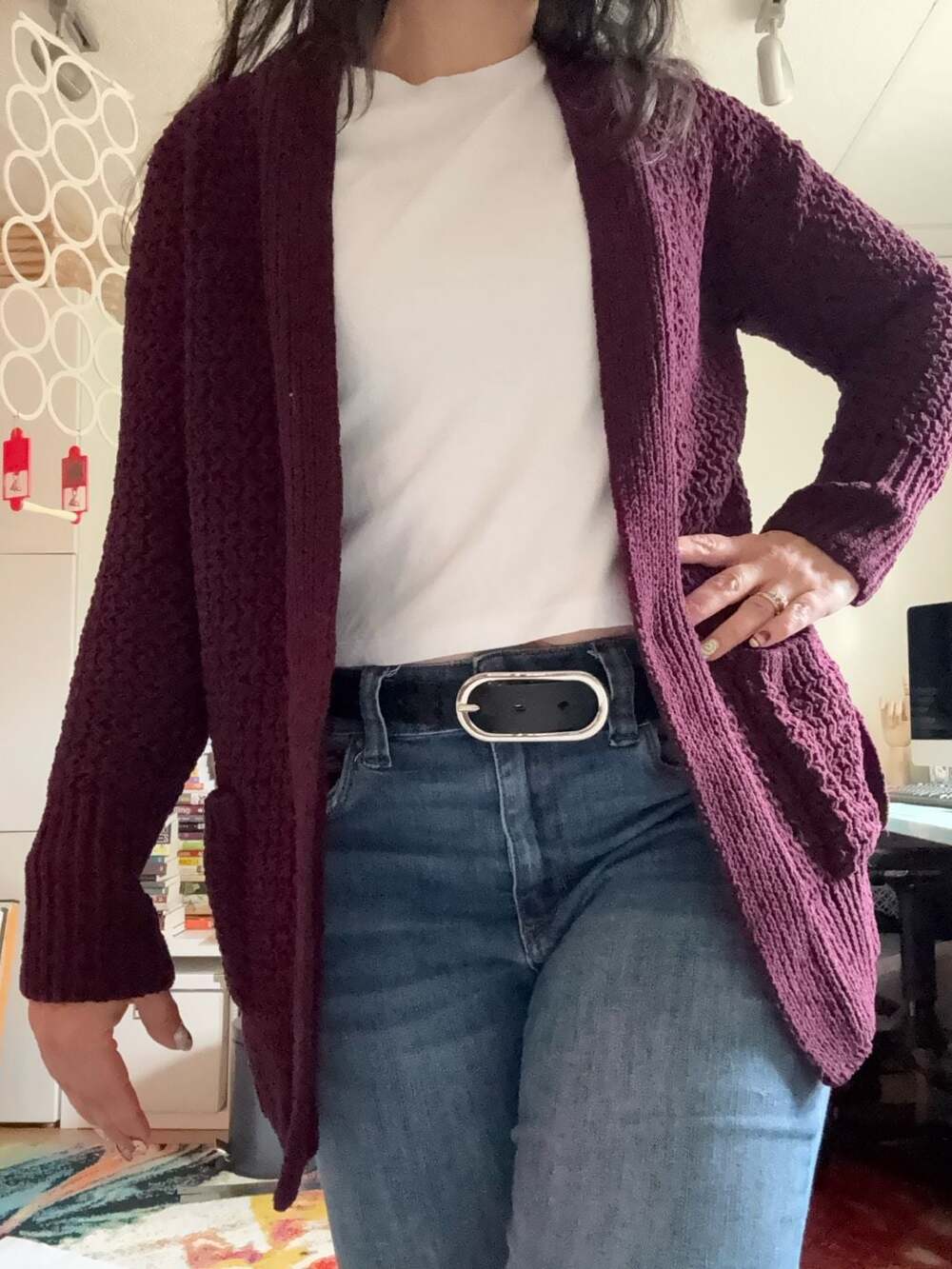 SO Sweater Cardigan Size S Purple Burgundy Open Front Knit Pocket